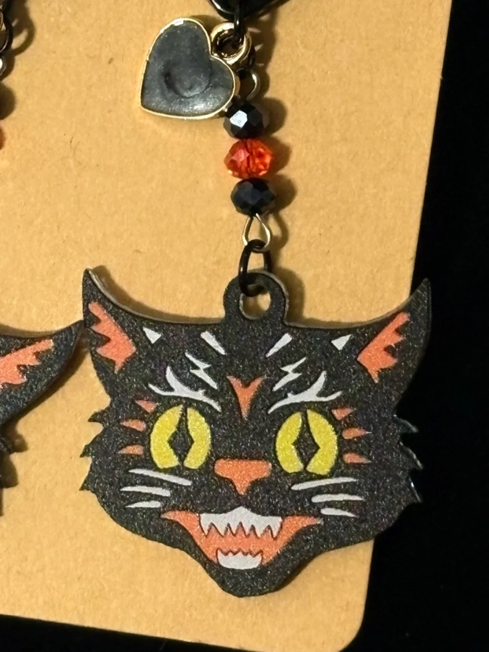 Black Cat Heart Dangle Earrings - Halloween Spooky Cat Jewelry